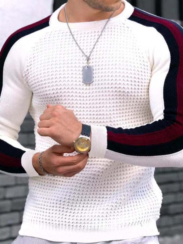 Men's round neck knit t-shirt with color contrast sleeves, perfect for autumn-winter styling.
