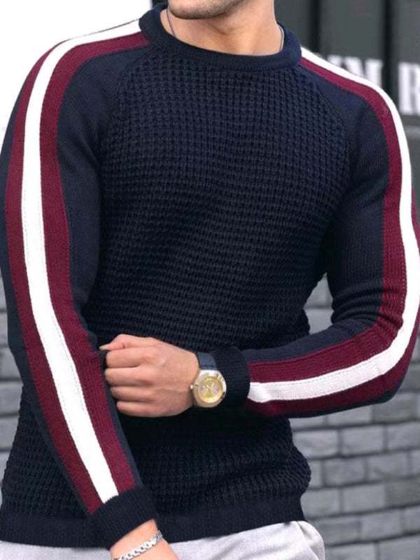 Vibrant Contrast Round Neck Loose-Fit Knit T-Shirt for Men - Perfect for Casual Autumn-Winter Styling! - MENLL