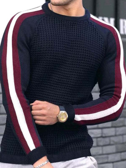 Vibrant Contrast Round Neck Loose-Fit Knit T-Shirt for Men - Perfect for Casual Autumn-Winter Styling! - MENLL