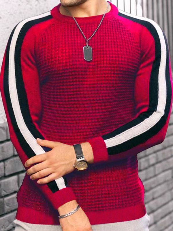 Vibrant Contrast Round Neck Loose-Fit Knit T-Shirt for Men - Perfect for Casual Autumn-Winter Styling! - MENLL