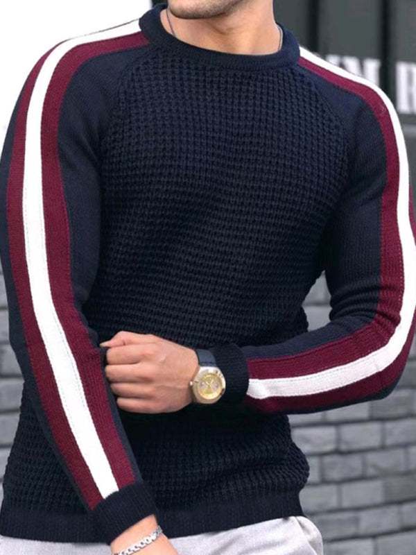 Vibrant Contrast Round Neck Loose-Fit Knit T-Shirt for Men - Perfect for Casual Autumn-Winter Styling! - MENLL