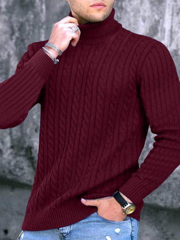 Sleek stretchy turtleneck sweater for men in maroon, showcasing casual elegance and tight fit.
