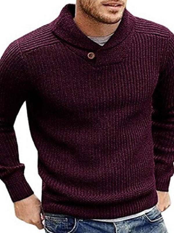 Men's classic lapel button pullover sweater in dark purple, featuring a chic and casual design with dropped shoulder sleeves.