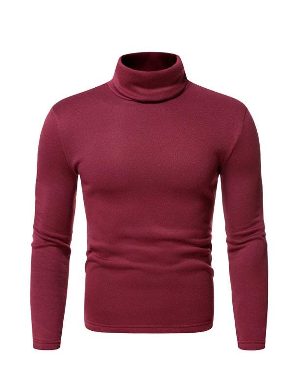 Men's fleece pullover turtleneck knitted top in burgundy with dropped shoulder sleeves.