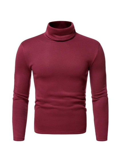 Men's fleece pullover turtleneck knitted top in burgundy with dropped shoulder sleeves.