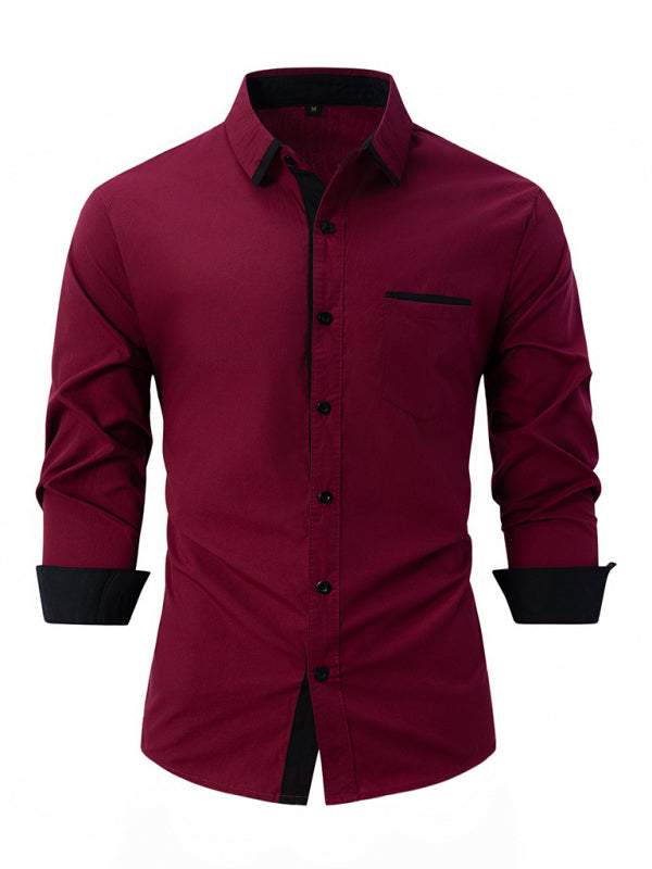 Color Block Business Slim Casual Long Sleeve Shirt with Welt Pocket