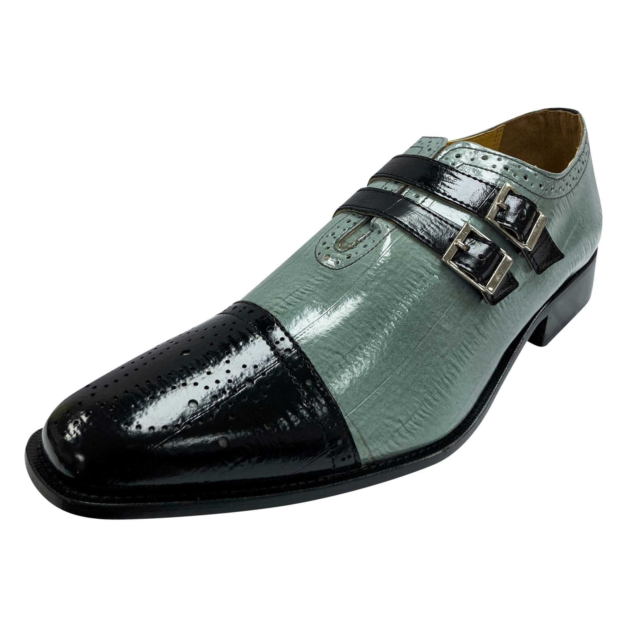 LIBERTYZENO men's double buckle monk strap leather dress shoes, eel print, PU leather, rubber sole, 1-inch heel.