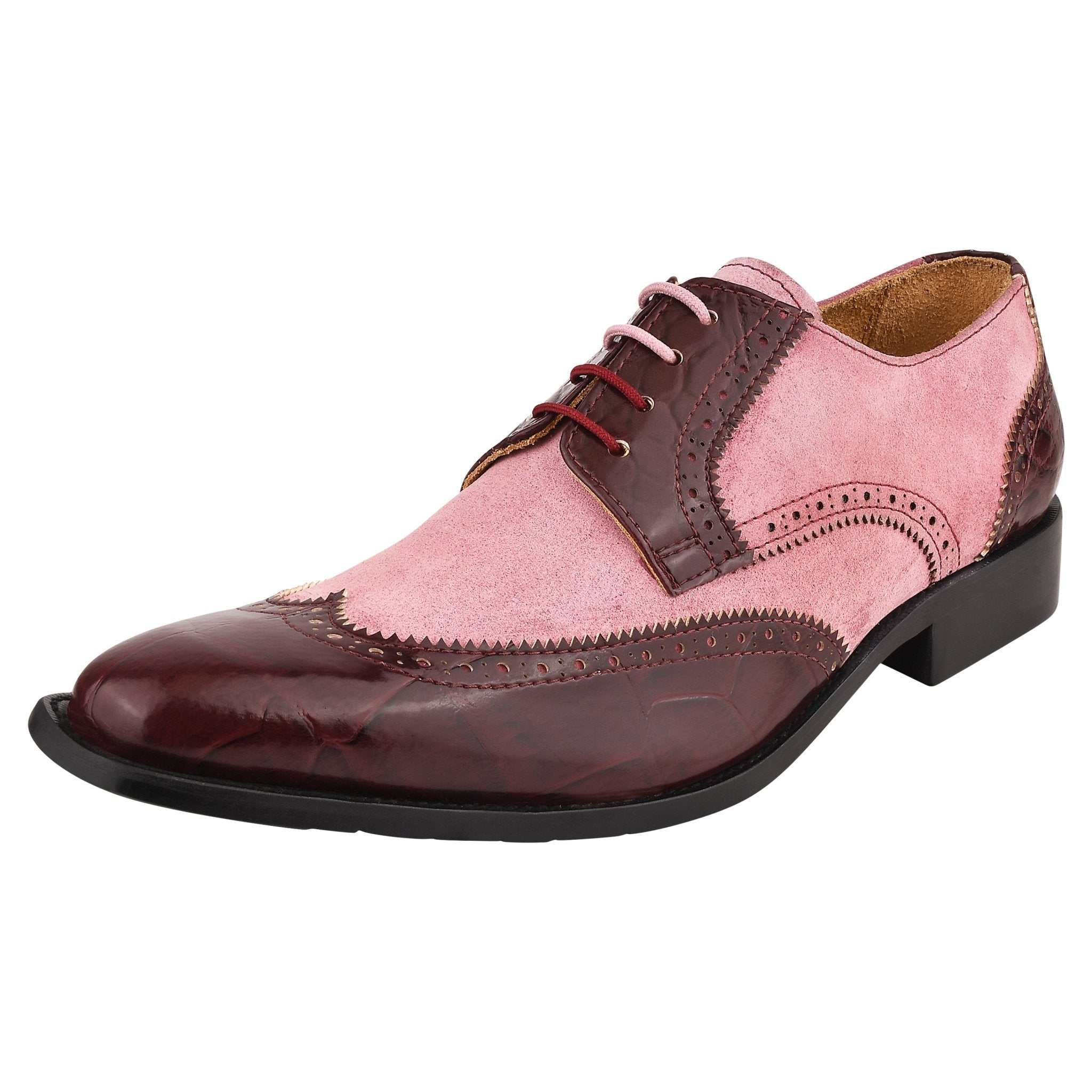 Leather and suede crocodile printed Oxford dress shoes with wingtip toe and rubber sole.