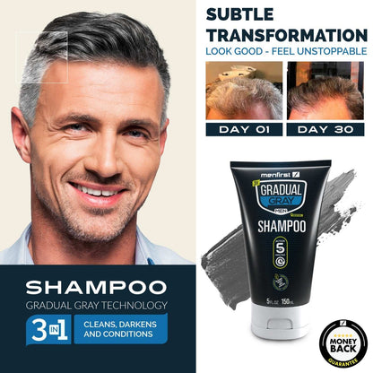 Menfirst Gradual Gray - Good Bye Gray Hair- 3-in-1 Shampoo + Beard Wash & Darkening Pomade - 3 Pack Bundle - MENLL