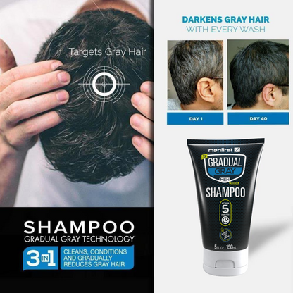 Menfirst Gradual Gray - Good Bye Gray Hair- 3-in-1 Shampoo + Beard Wash & Darkening Pomade - 3 Pack Bundle - MENLL