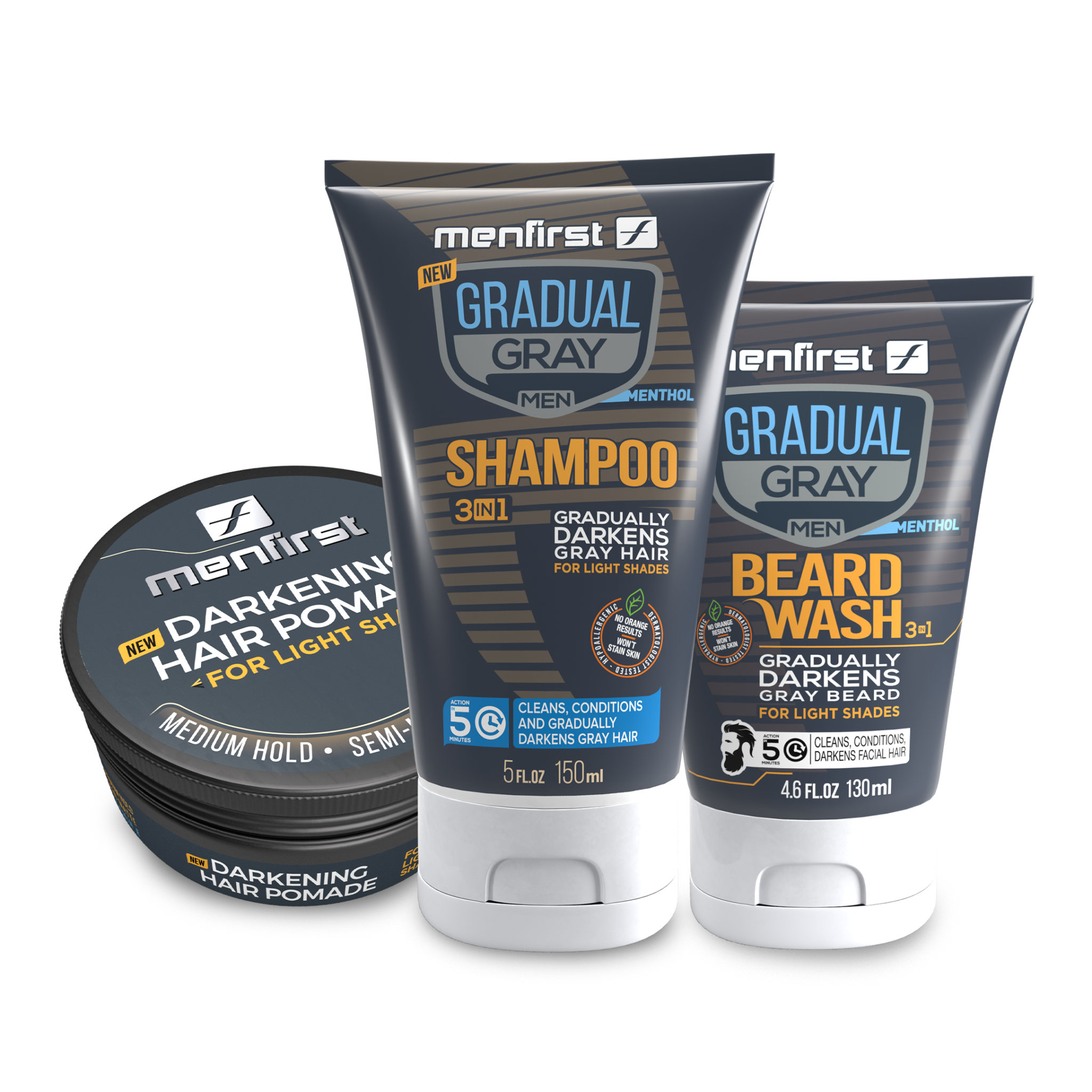 Menfirst Gradual Gray - Good Bye Gray Hair- 3-in-1 Shampoo + Beard Wash & Darkening Pomade - 3 Pack Bundle - MENLL