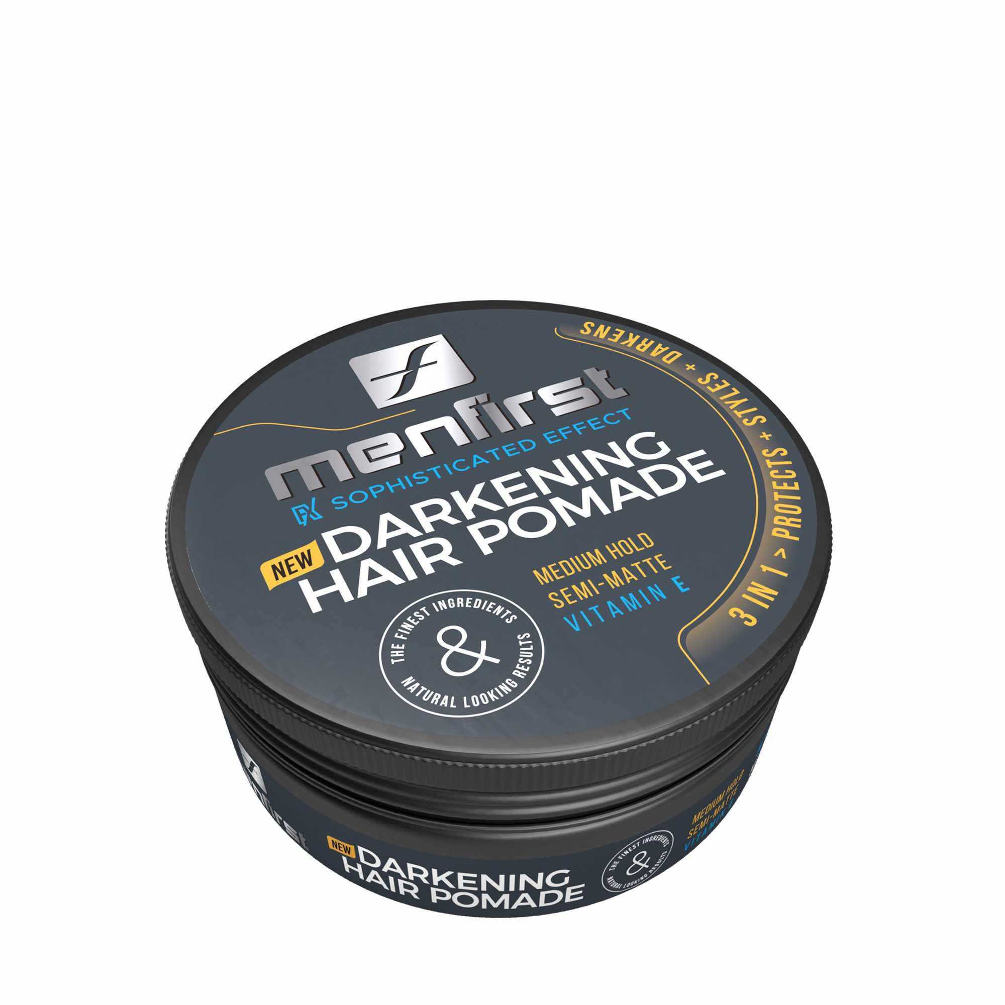 Menfirst Darkening Hair Pomade in sleek metal can for instant gray coverage and medium hold styling.