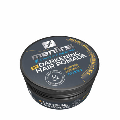 Menfirst Darkening Hair Pomade in sleek metal can for instant gray coverage and medium hold styling.