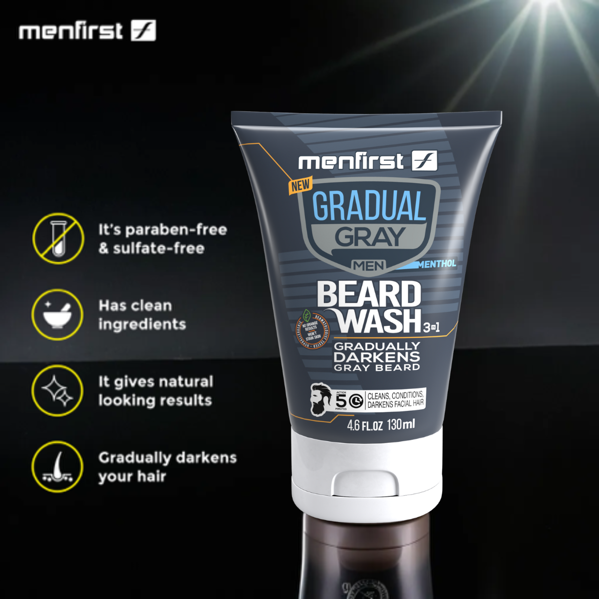 Menfirst Gradual Gray - Beard Wash - Natural Darkening Formula - 1 Pack - 4.6 Oz Each - MENLL