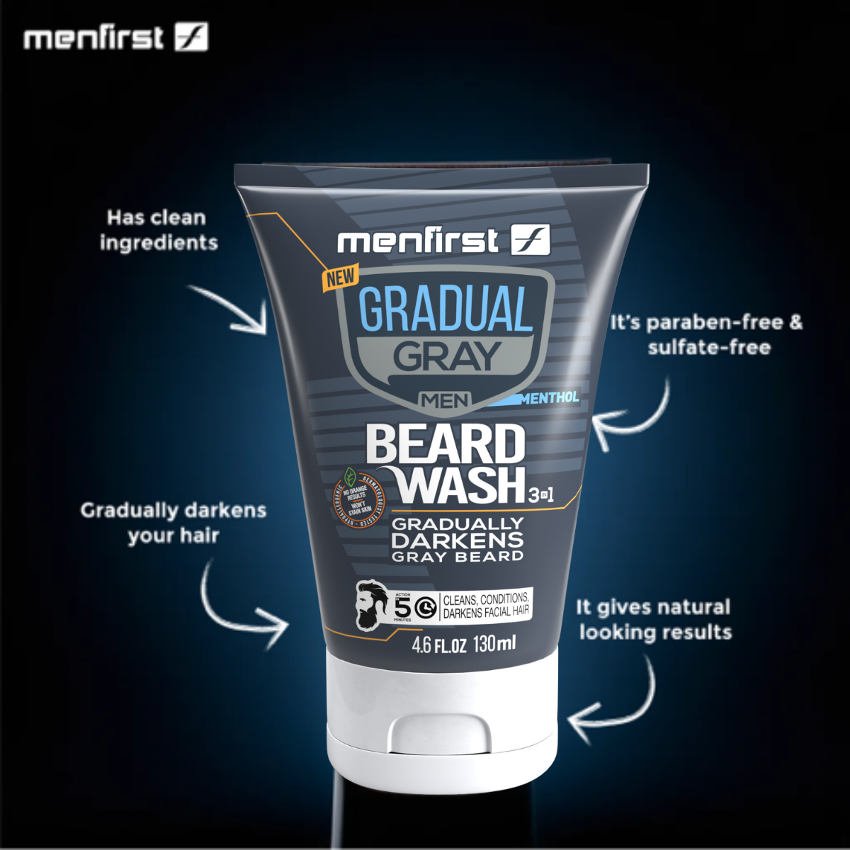 Menfirst Gradual Gray - Beard Wash - Natural Darkening Formula - 1 Pack - 4.6 Oz Each - MENLL