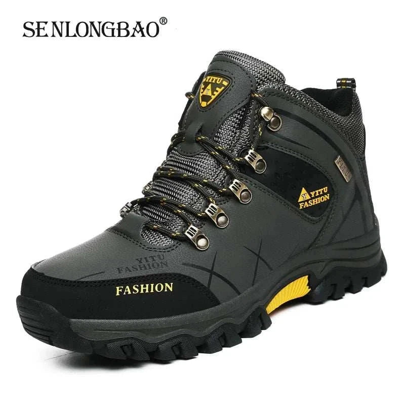 Men's waterproof leather snow boots, super warm, winter hiking footwear.