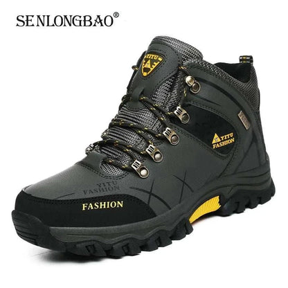Men's waterproof leather snow boots, super warm, winter hiking footwear.