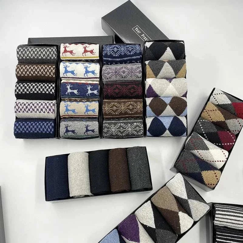 Boxed set of five stylish and cozy casual cotton socks for men, perfect winter gift.