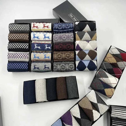 Boxed set of five stylish and cozy casual cotton socks for men, perfect winter gift.