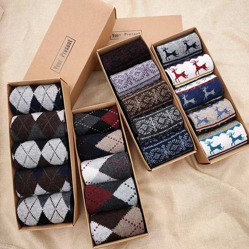 Ultimate Winter Comfort: 5 Pairs of Stylish and Cozy Casual Cotton Socks for Men - Perfect Gift Box! - MENLL