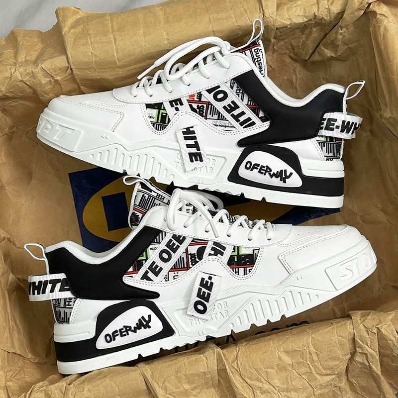 Men's leather platform sneakers with patchwork design, white and black color, lace-up closures, artificial leather.