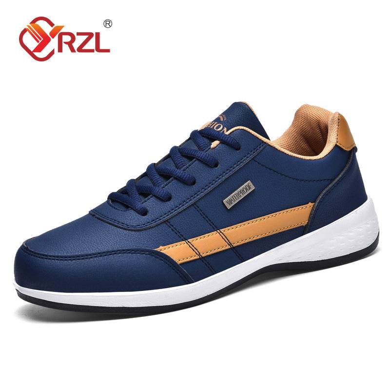 Waterproof men's leather sneakers with blue and brown design.