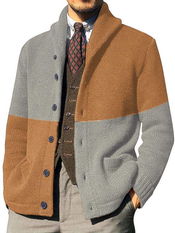 Men's contrasting color block button-up acrylic cardigan, stylish long sleeve design.