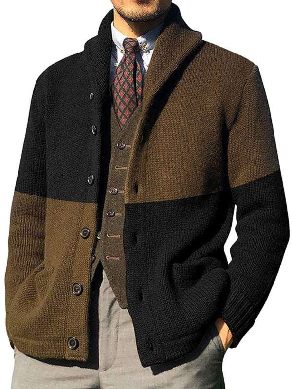 Chic Color Block Acrylic Cardigan for Men - Stylish Button-Up Long Sleeve Sweater - MENLL