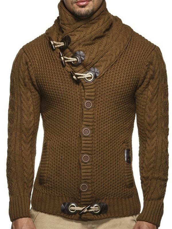 Chic men's knitted turtleneck sweater jacket with classic button detail.