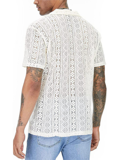 Chic Lace Floral Button-Up Short Sleeve Top - Effortless Elegance for Spring-Summer! - MENLL