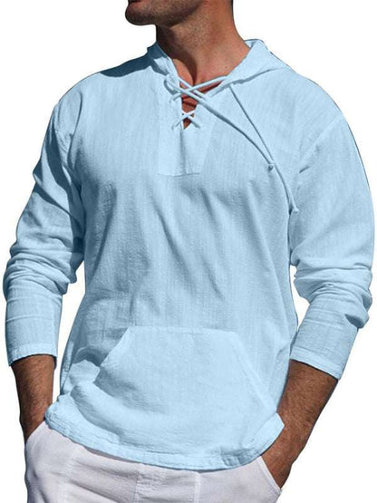 Chic Men's Hooded Long-Sleeve Tie Shirt in Soft Cotton-Linen Blend