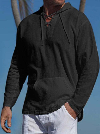 Chic Men's Hooded Long-Sleeve Tie Shirt in Soft Cotton-Linen Blend