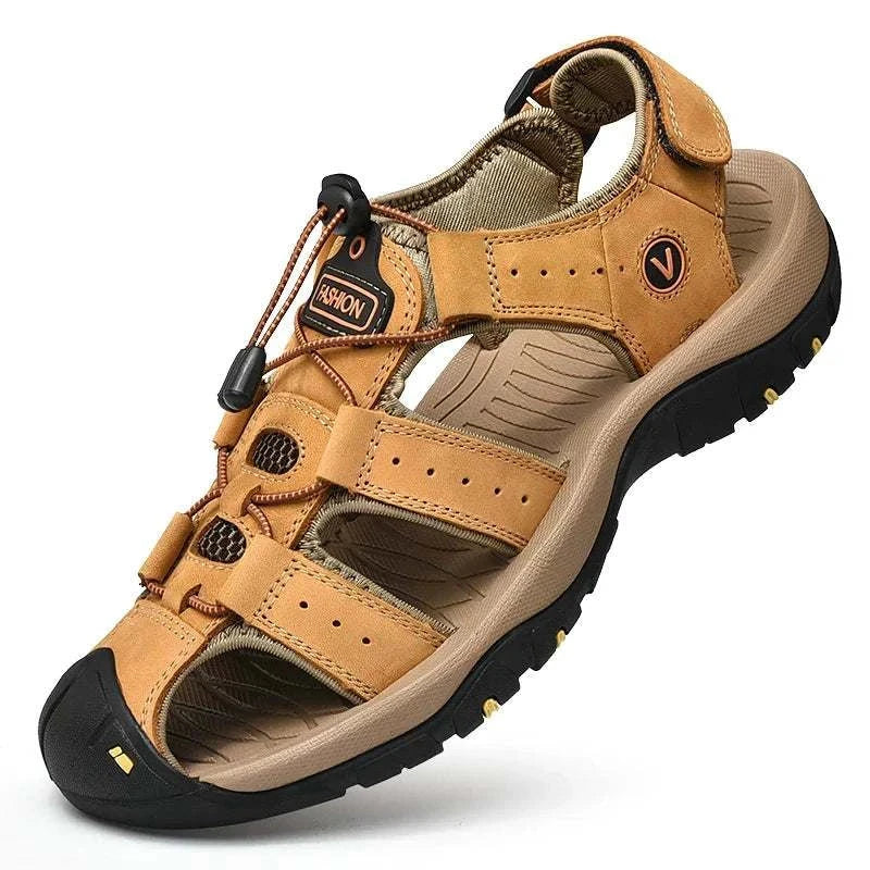 Summer men sandals in genuine leather with adjustable straps, designed for outdoor casual use, featuring a sturdy rubber outsole and mesh lining.