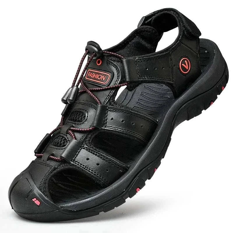 Summer men sandals in black artificial leather with elastic band closure, ideal for outdoor casual wear.