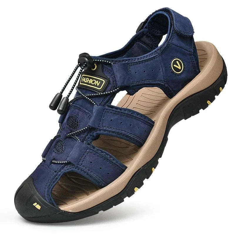 Summer men sandals, genuine leather, casual outdoor shoes, beach style, Roman design, plus size available.