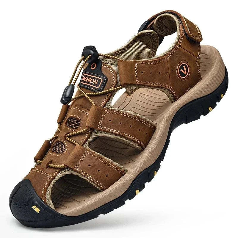 Summer men sandals in brown genuine leather with casual design and flat heel, ideal for outdoor and beach activities.