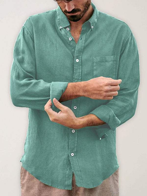Loose-fit long-sleeved lapel shirt for men in soft cotton with European style.