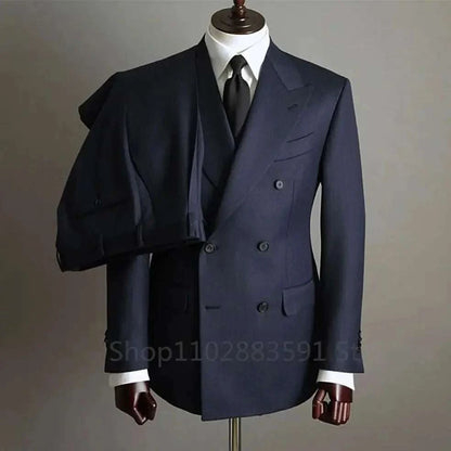 Blazer Pants Fashion Solid Color Mens Office Business Double breasted Suit Groom Wedding Dress Host Groom Dress Host Tuxedo - MENLL