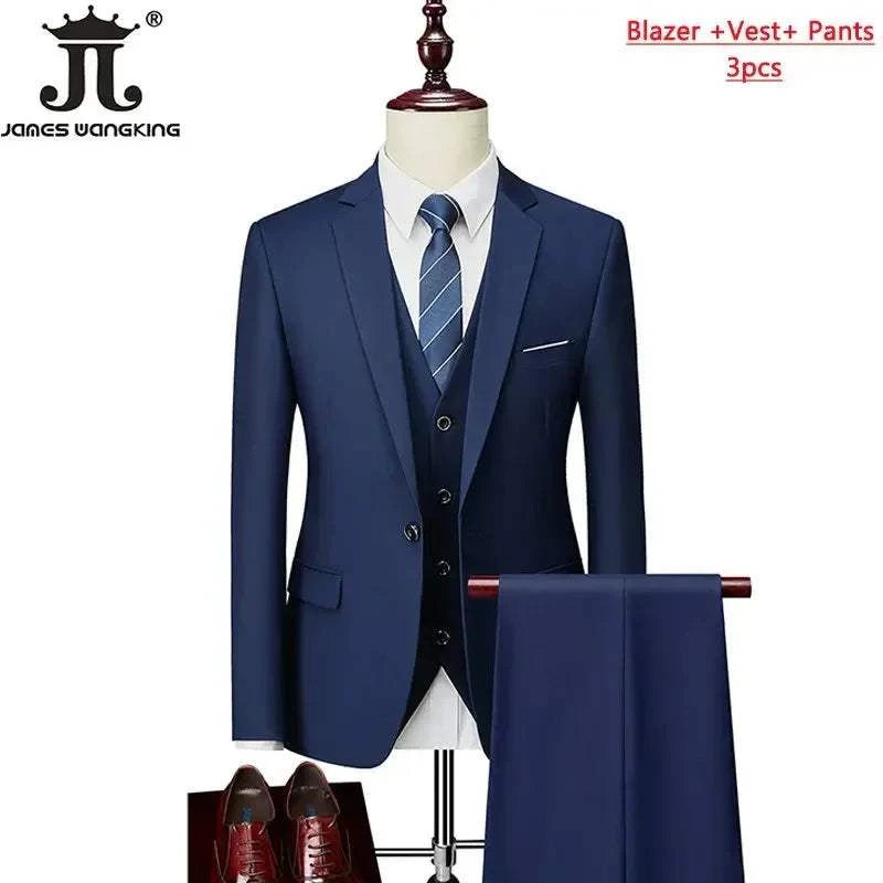 M-6XL 15 Colors ( Jacket+Vest+Pants ) Formal Business Office Men's Suits Groom Wedding Dress Party Dress Solid color Suit - MENLL