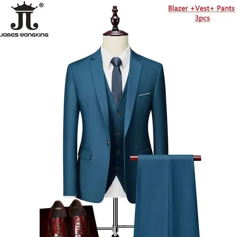 M-6XL 15 Colors ( Jacket+Vest+Pants ) Formal Business Office Men's Suits Groom Wedding Dress Party Dress Solid color Suit - MENLL