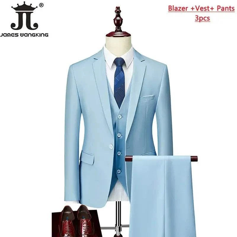 M-6XL 15 Colors ( Jacket+Vest+Pants ) Formal Business Office Men's Suits Groom Wedding Dress Party Dress Solid color Suit - MENLL