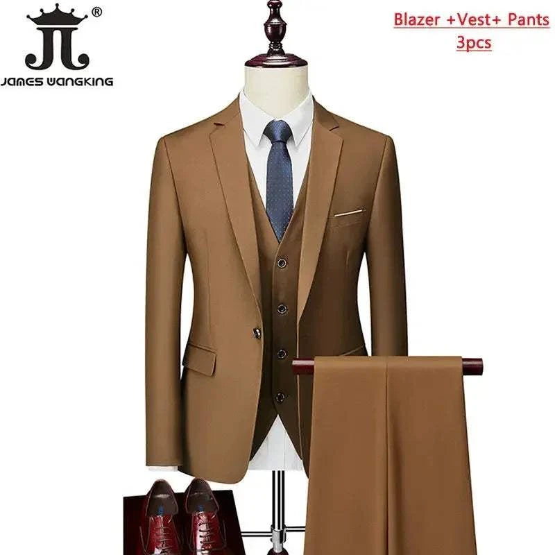 M-6XL 15 Colors ( Jacket+Vest+Pants ) Formal Business Office Men's Suits Groom Wedding Dress Party Dress Solid color Suit - MENLL