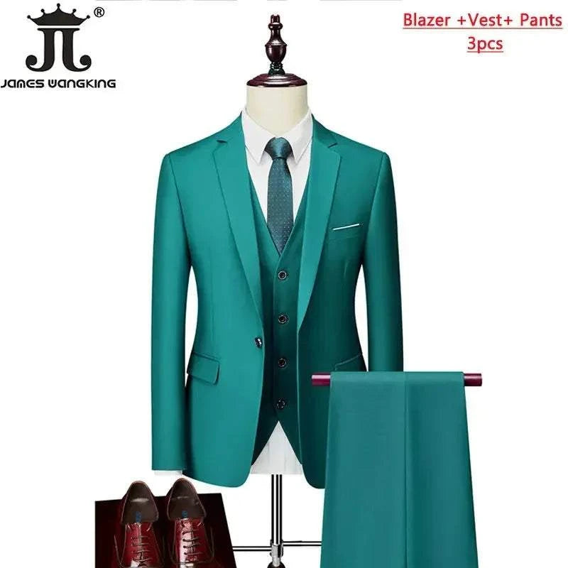 M-6XL 15 Colors ( Jacket+Vest+Pants ) Formal Business Office Men's Suits Groom Wedding Dress Party Dress Solid color Suit - MENLL