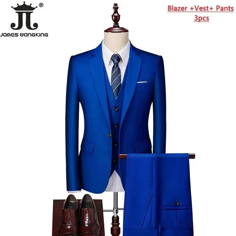 M-6XL 15 Colors ( Jacket+Vest+Pants ) Formal Business Office Men's Suits Groom Wedding Dress Party Dress Solid color Suit - MENLL