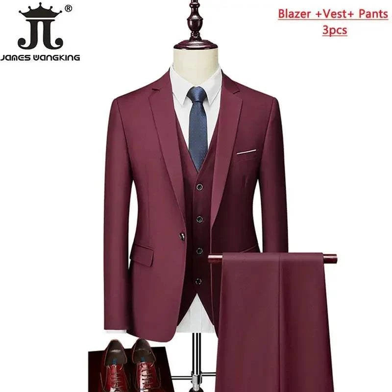 M-6XL 15 Colors ( Jacket+Vest+Pants ) Formal Business Office Men's Suits Groom Wedding Dress Party Dress Solid color Suit - MENLL