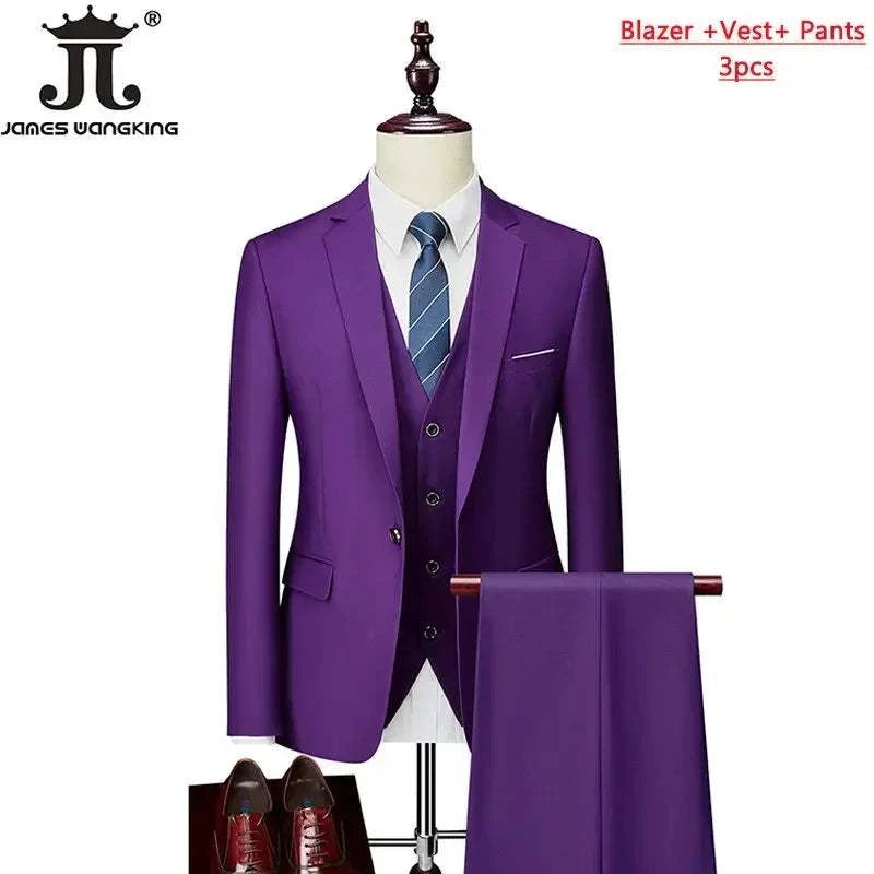 M-6XL 15 Colors ( Jacket+Vest+Pants ) Formal Business Office Men's Suits Groom Wedding Dress Party Dress Solid color Suit - MENLL