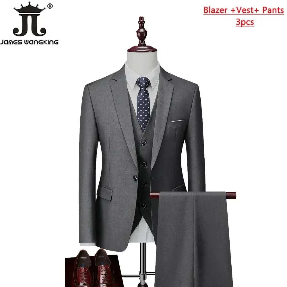 M-6XL 15 Colors ( Jacket+Vest+Pants ) Formal Business Office Men's Suits Groom Wedding Dress Party Dress Solid color Suit - MENLL