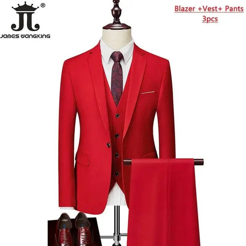 M-6XL 15 Colors ( Jacket+Vest+Pants ) Formal Business Office Men's Suits Groom Wedding Dress Party Dress Solid color Suit - MENLL