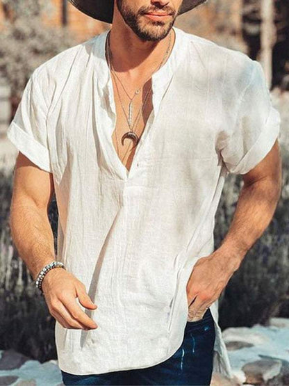Men's stylish white round neck cotton linen shirt for summer.