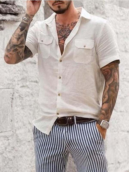 Chic Men's Casual Short Sleeve Woven Shirt with Double Pockets